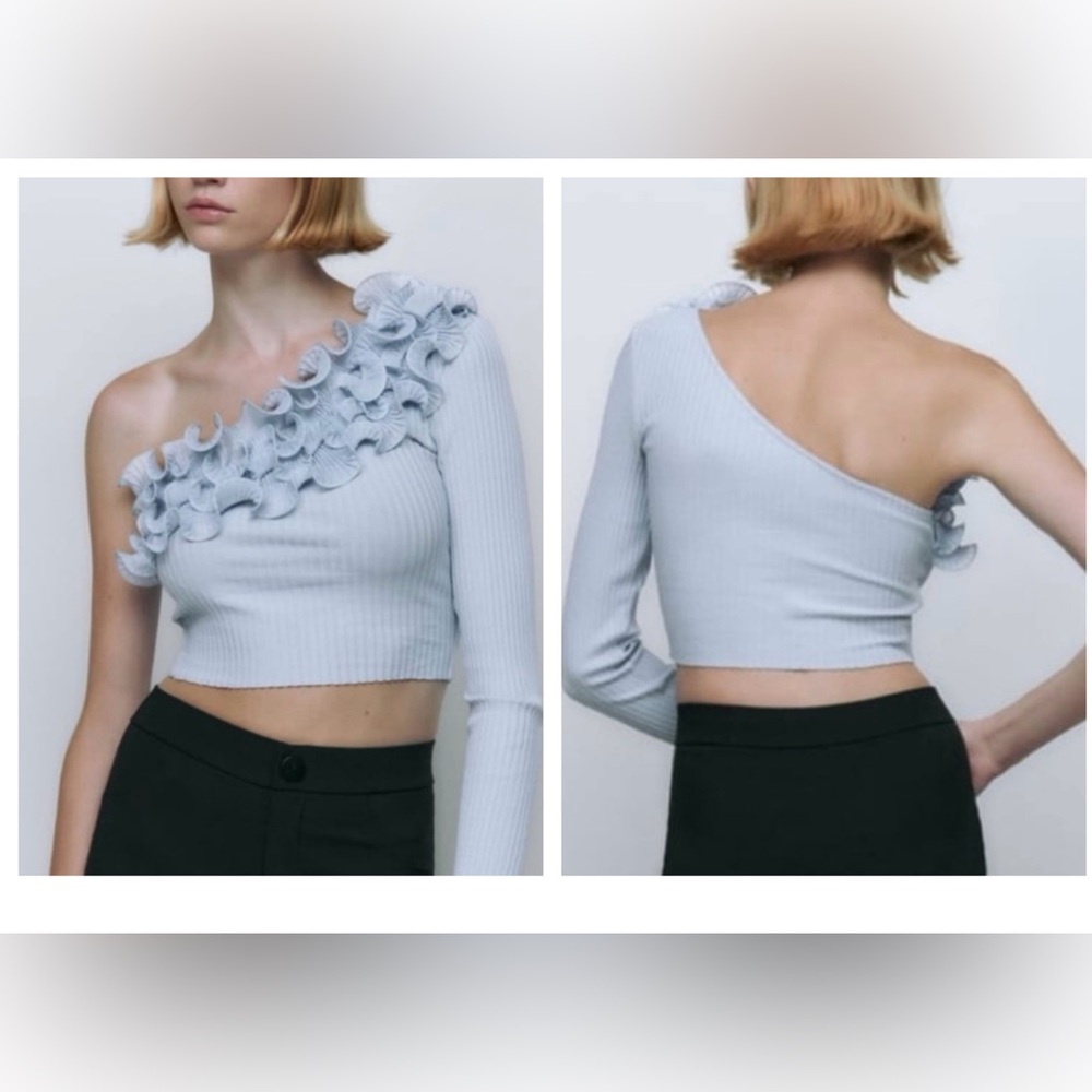 New Zara light blue ruffle one shoulder crop top. Size L